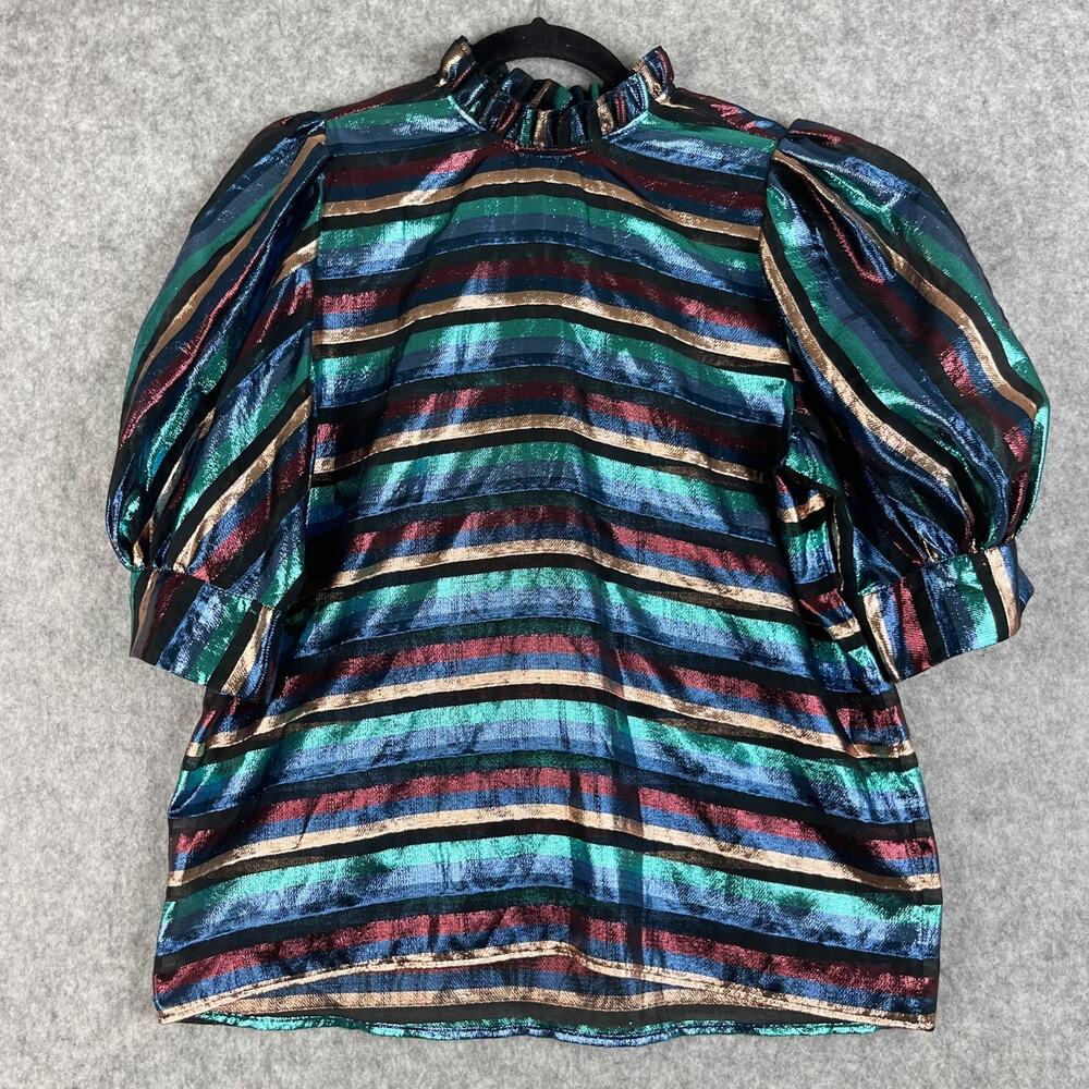 Hunter Bell Stella Top Womens Large Festive Stripe‎ Metallic Ruffle Puff Sleeve